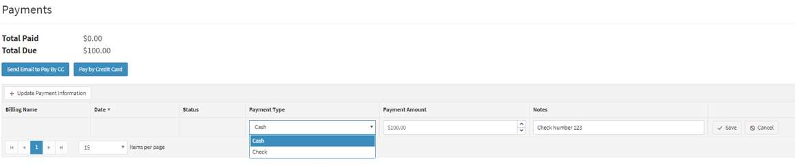 Payment fields showing Payment Type dropdown, Payment Amount, Notes, and Save button