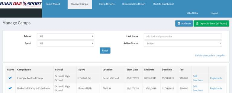 Manage Camps page with Registrants button highlighted