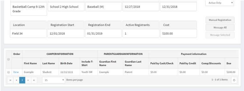 Registrant list showing the View button next to a camper