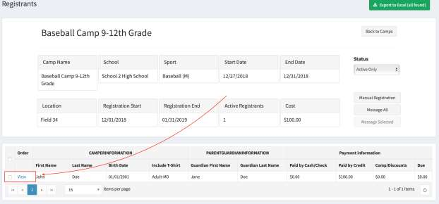 Manage Camps page with Registrants link highlighted