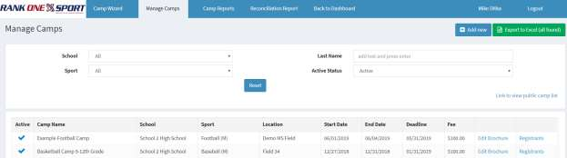 Registrant list showing the View button next to a student