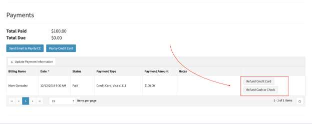 Payment information table showing refund options