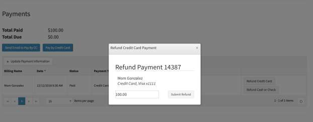 Refund dialog box showing amount field and Submit Refund button