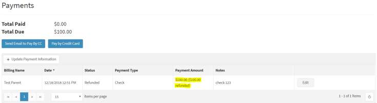 Refund Credit Card Payment dialog with amount and Submit Refund button