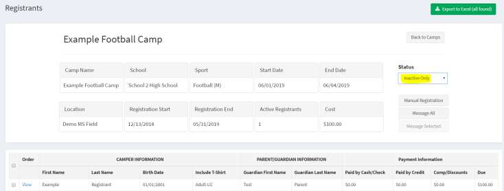 Payment table showing refunded amount and registrant list with Inactive status