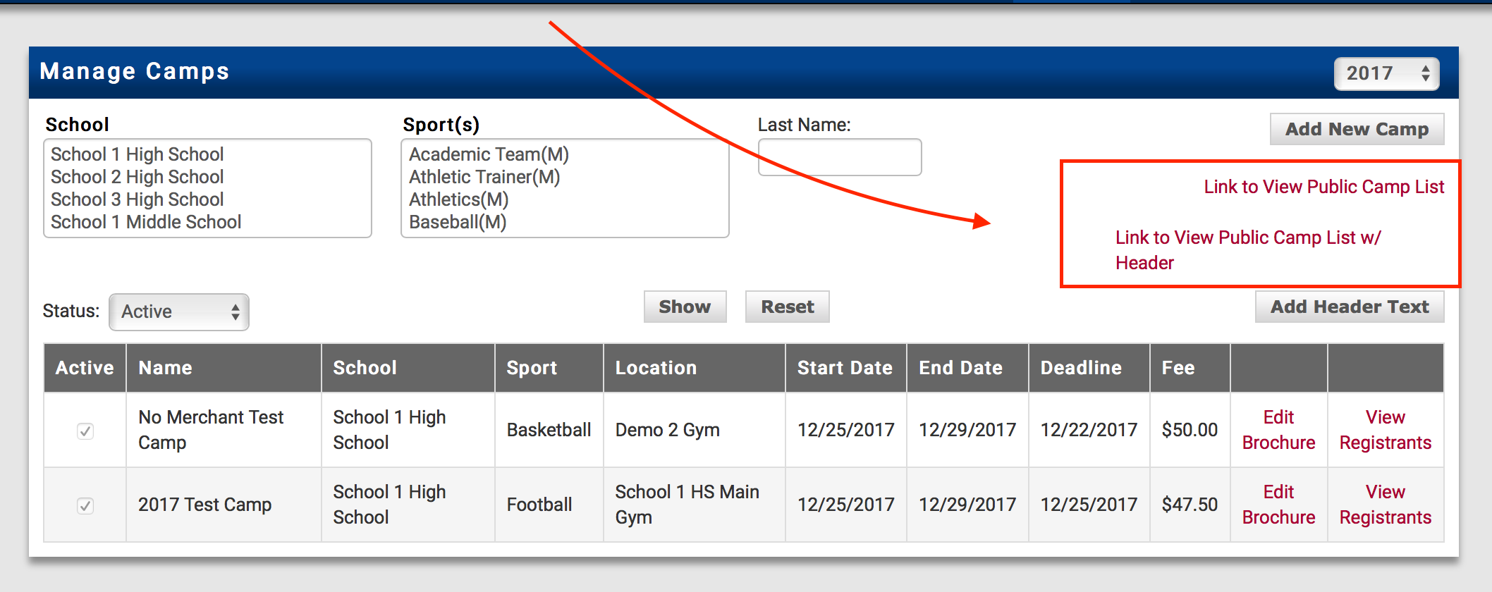 Manage Camps page showing the two registration link options highlighted