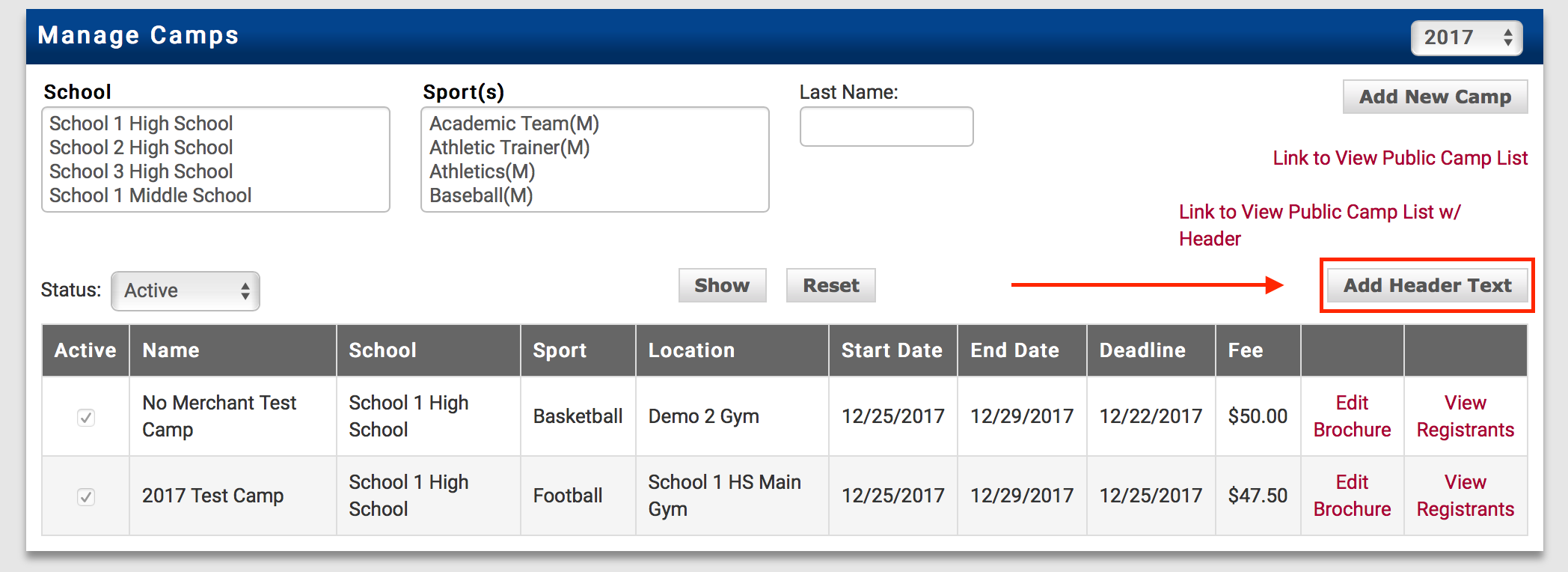 Manage Camps page with the Add Header Text button highlighted