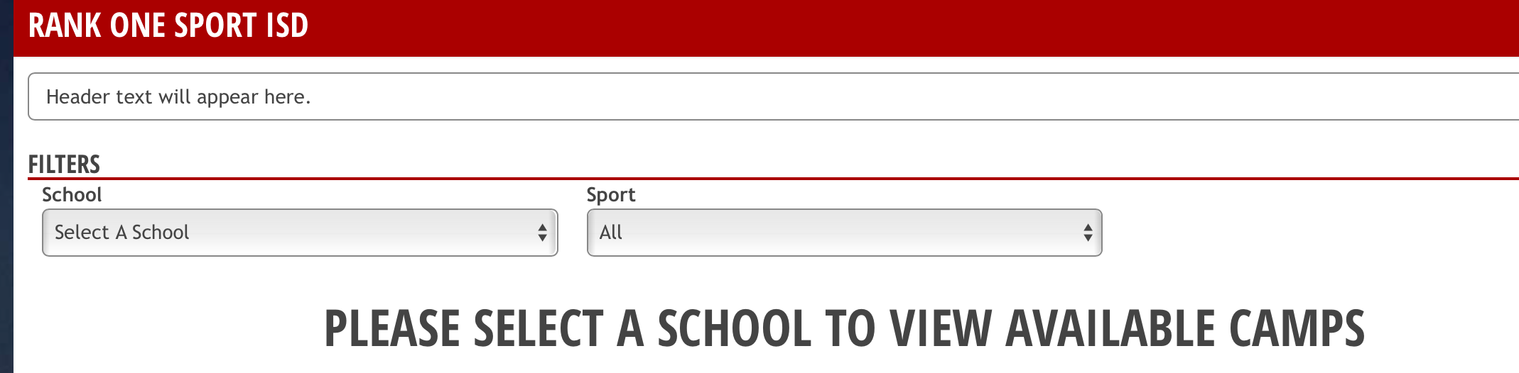 Public camp registration page showing header text, school and sport filters