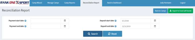 Reconciliation Report page with date filter fields