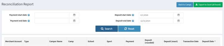 Date filter section showing Payment Date and Deposit Date fields with Search button