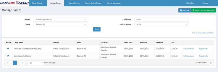 Manage Camps page showing camp list