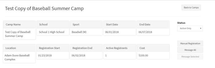 Camp list with Registrants link highlighted
