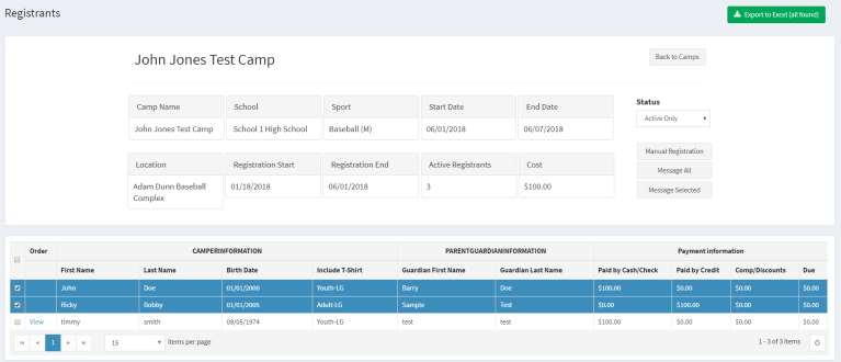 Registrants page showing the Message All and Message Selected buttons