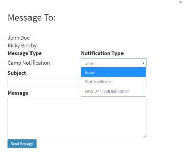 Message dialog showing Subject, Message, Notification Type dropdown, and Send Message button