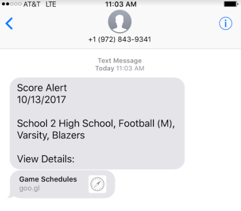 Phone screen showing a Score Alert text message with a link to Game Schedules
