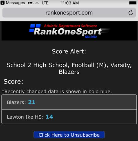 Score Alert details page showing the Click Here to Unsubscribe button