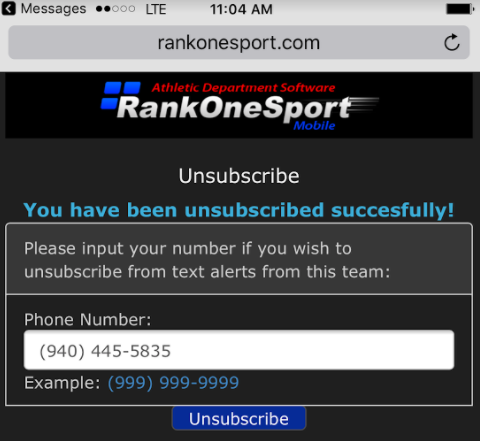 Success message confirming the phone number has been unsubscribed