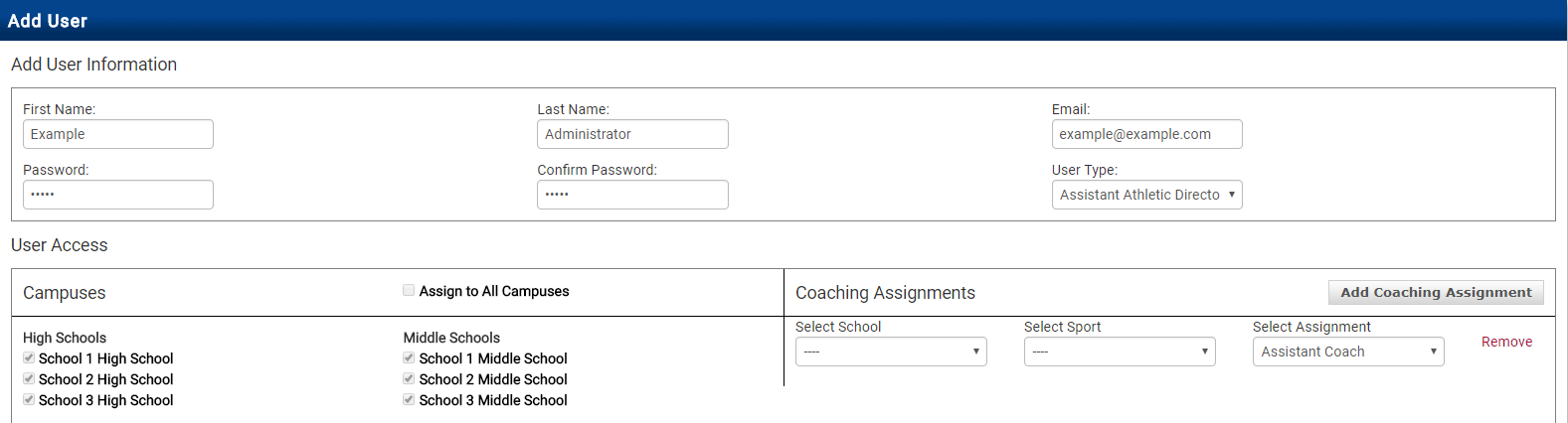 Add User form showing Assistant Athletic Director with all campuses selected