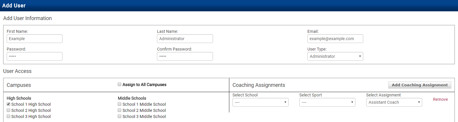 Add User form showing Administrator with individual campus selection