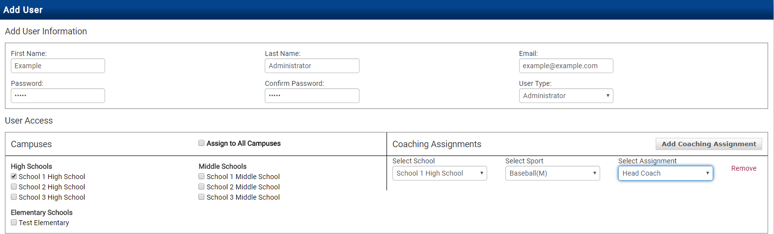 Add User form showing coaching assignment fields