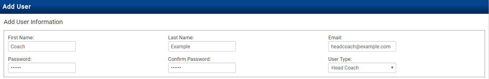 Add User form with coach information fields