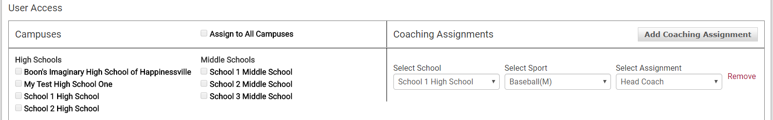 User Access section showing Coaching Assignment fields