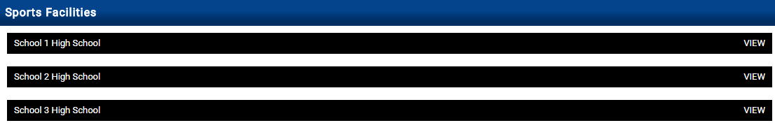 Sports Facilities page showing schools with VIEW buttons