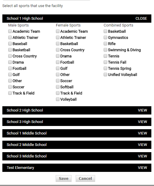 Sports selection checkboxes for the facility