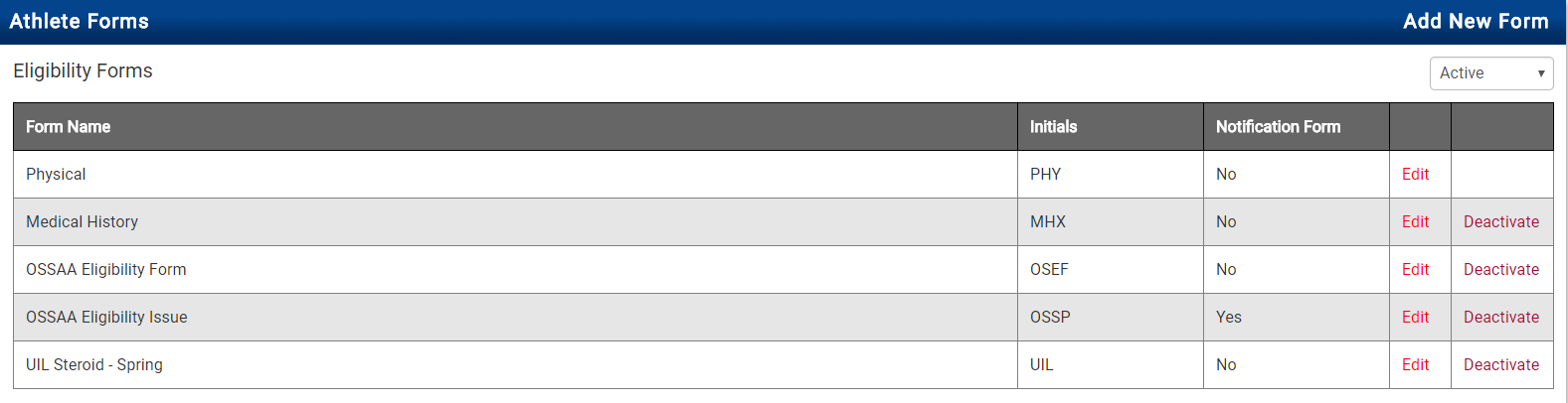 Athlete Forms list showing existing form requirements