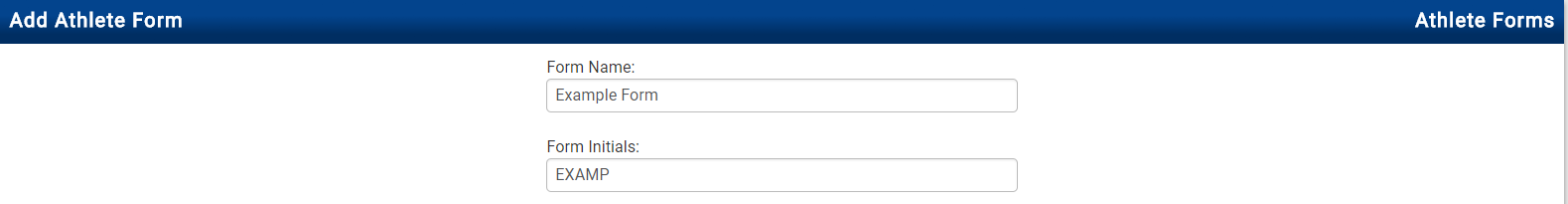Add Athlete Form page with Form Name and Form Initials fields