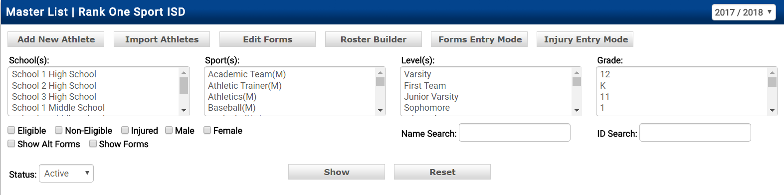 Master List page with Import Athletes button