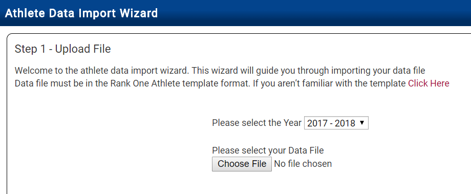 Athlete Data Import Wizard showing file upload step