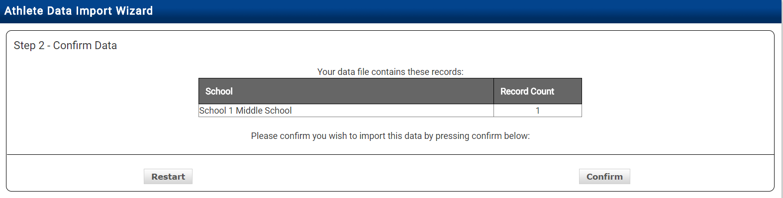 Import wizard Step 2 showing data confirmation with Confirm button