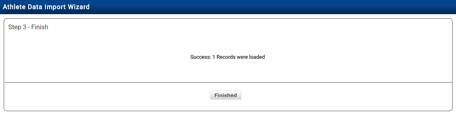 Import wizard Step 3 showing success message and Finished button
