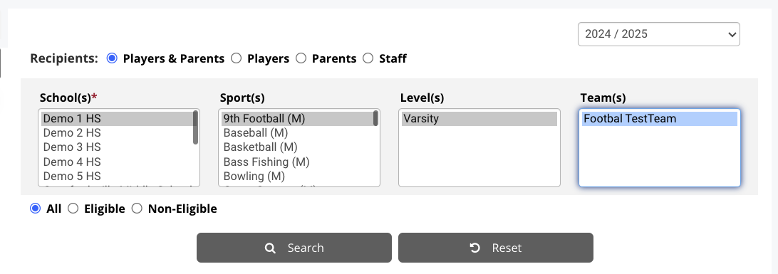 Message recipient selection showing Employees and Rosters options