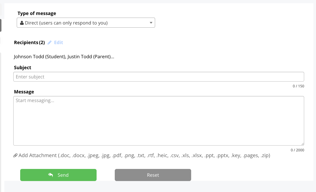 Compose message form with subject line, message body, and Send button