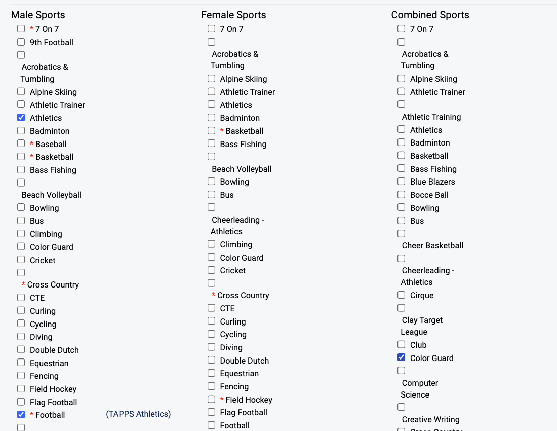 Co-Ed Sports column with checkboxes