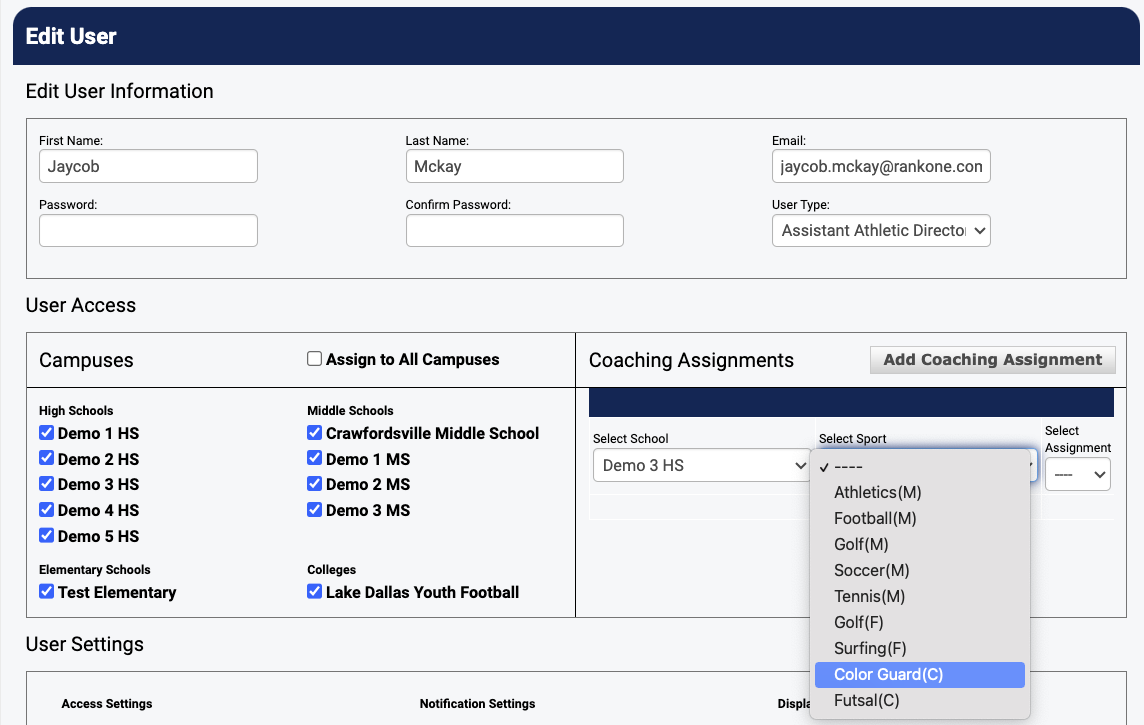 User's Data page with coach profiles