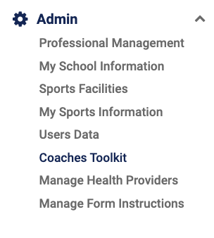 Admin tab with Coaches Toolkit link