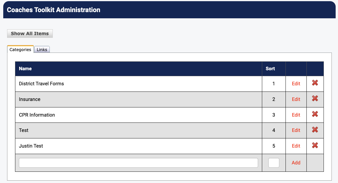Categories setup screen with sort order