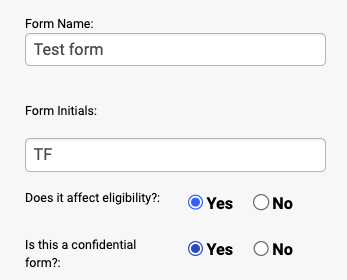 Form settings with Confidential option set to YES