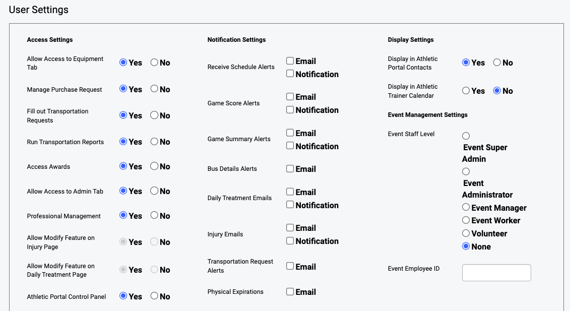 User permissions showing Professional Management access toggle