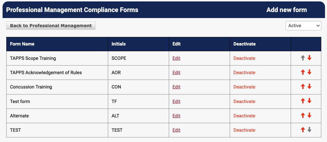 Manage Forms page showing list of compliance forms