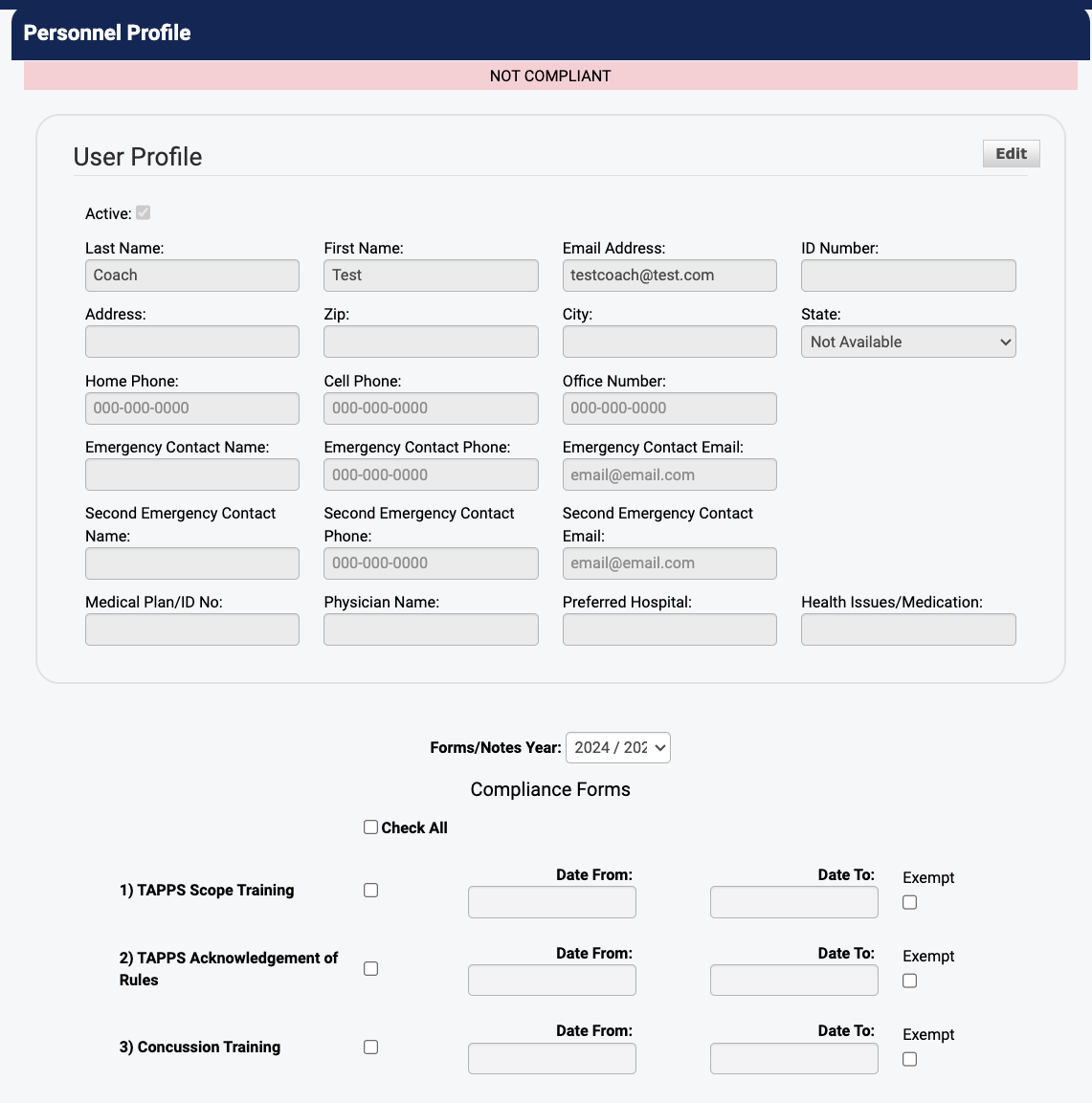Personnel profile showing compliance status and document upload area