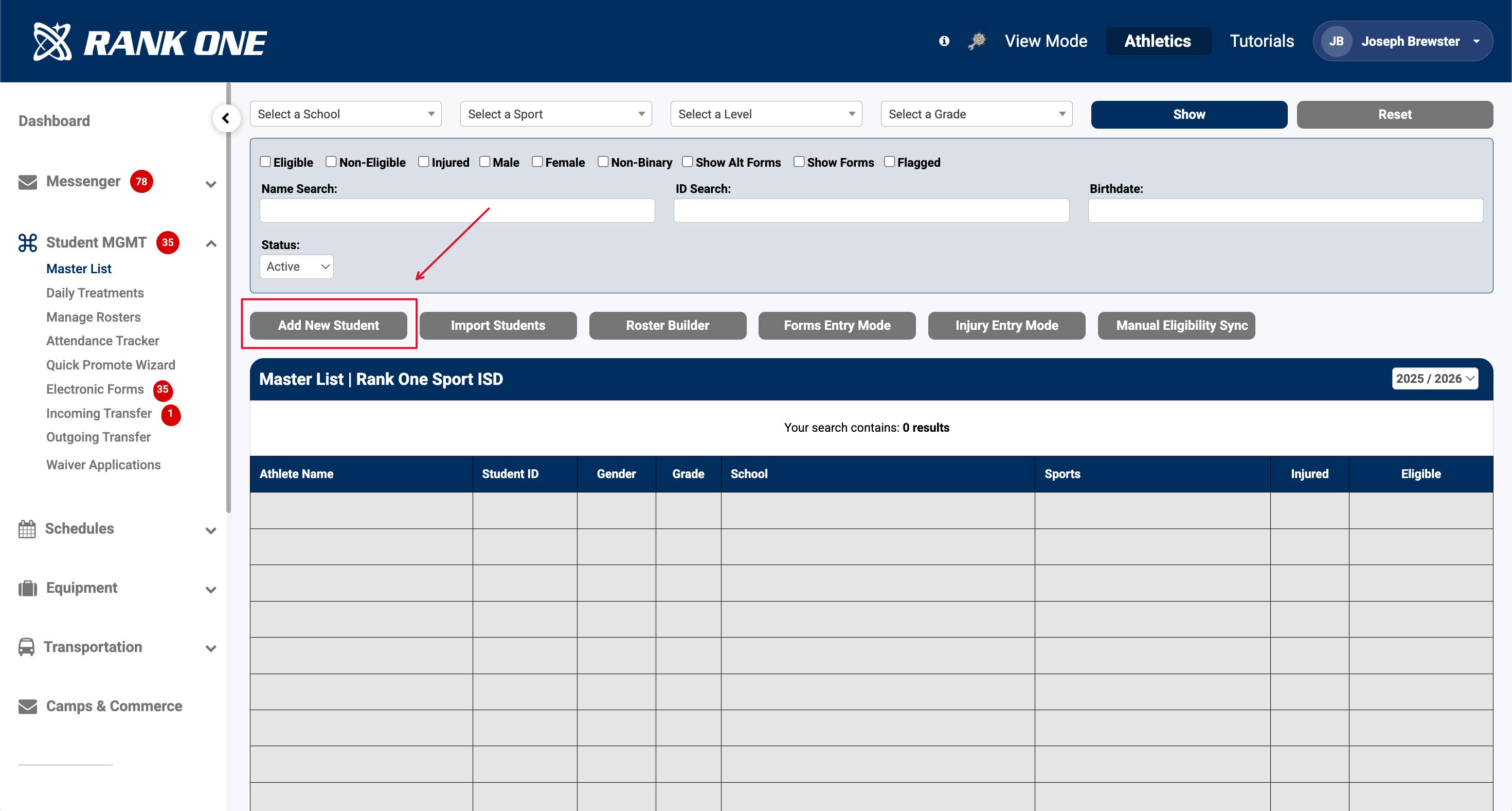 Add Student button location on the Master List page