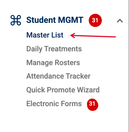 Master List view showing student management interface