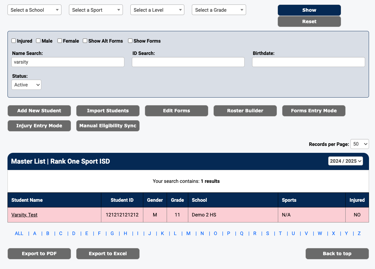 Master List with Name Search field highlighted