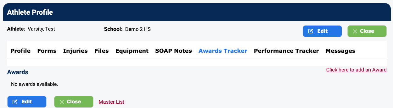 Awards Tracker showing the Click here to add an Award link