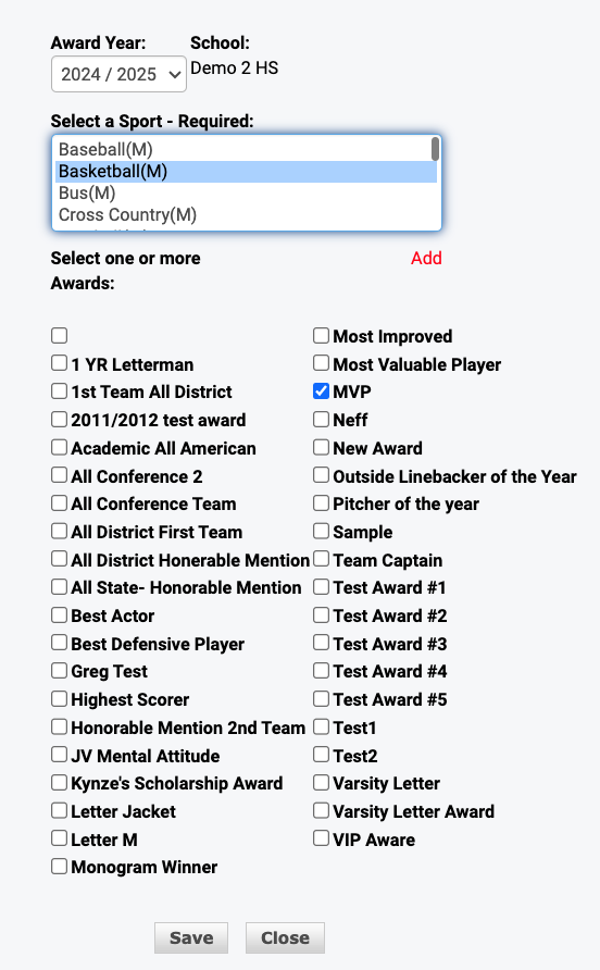 Award entry form with sport and award selection options