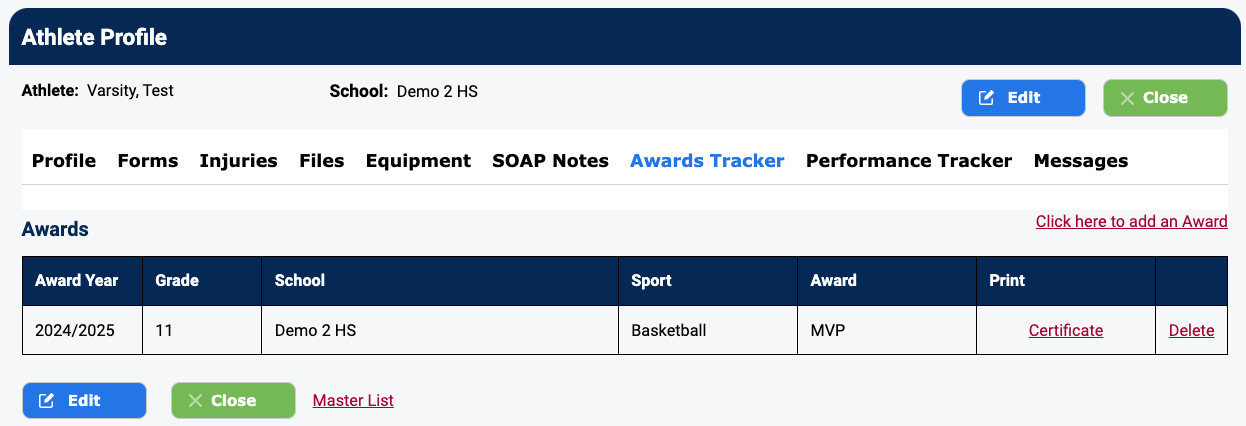 Awards Tracker showing the newly added award entry
